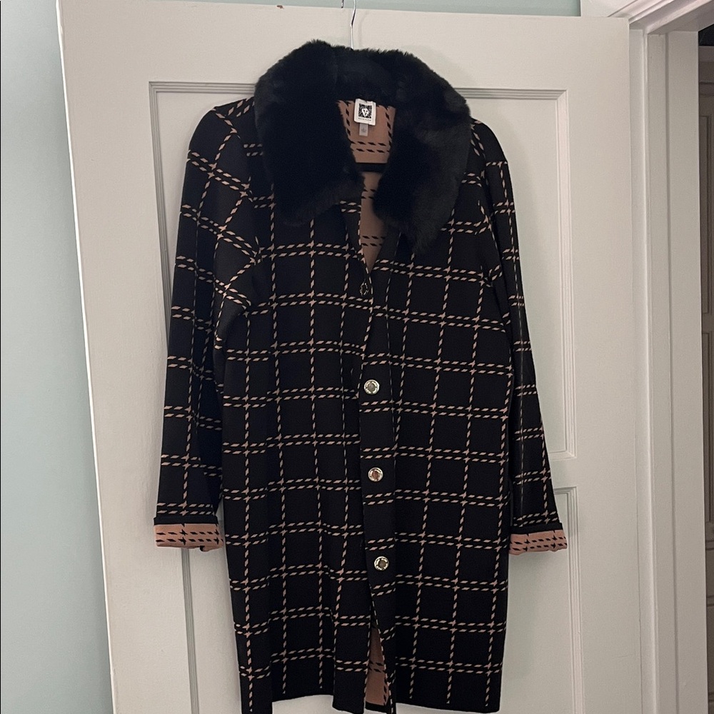 Anne Klein Black Windowpane Coat with Faux Fur Collar